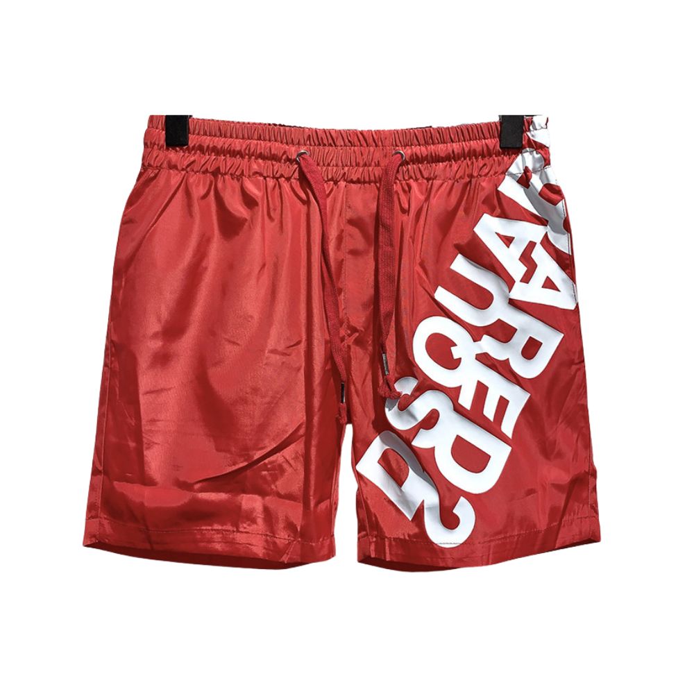 Red shorts with white text on a white background