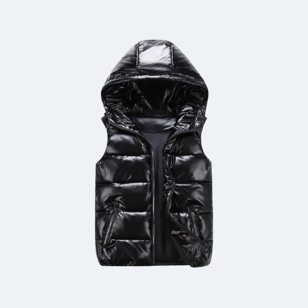 Black. A shiny black hooded puffer vest with horizontal quilting.