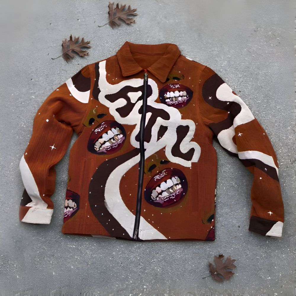 Brown shirt with mouth designs on a gray surface