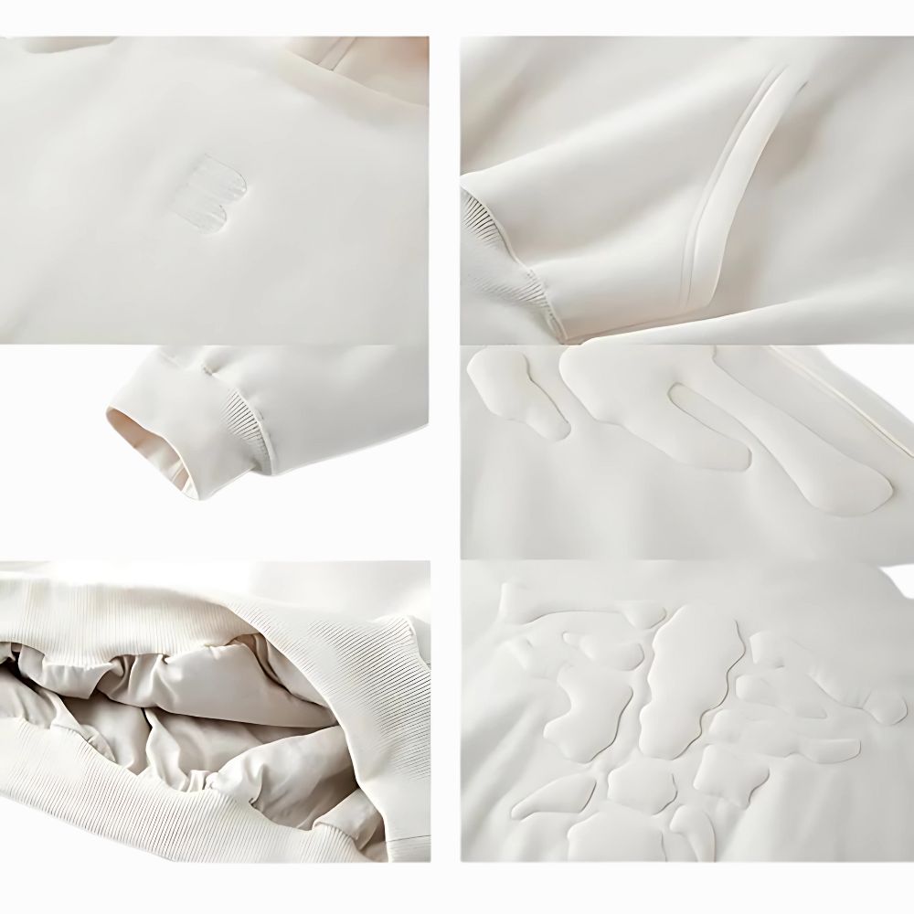 Collage of close-up images of a white textured fabric with different angles and details.