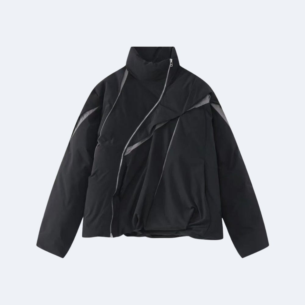 Black. A black lightweight jacket with gray geometric stripe details, shown flat.