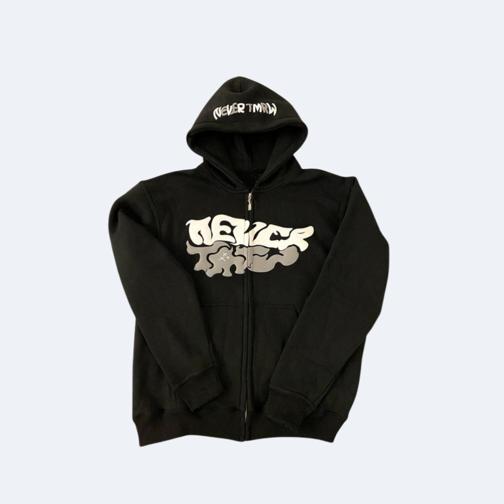 Black. A black zip-up hoodie with a white and gray graphic print on the front and NEVER TWIN in white on the hood.