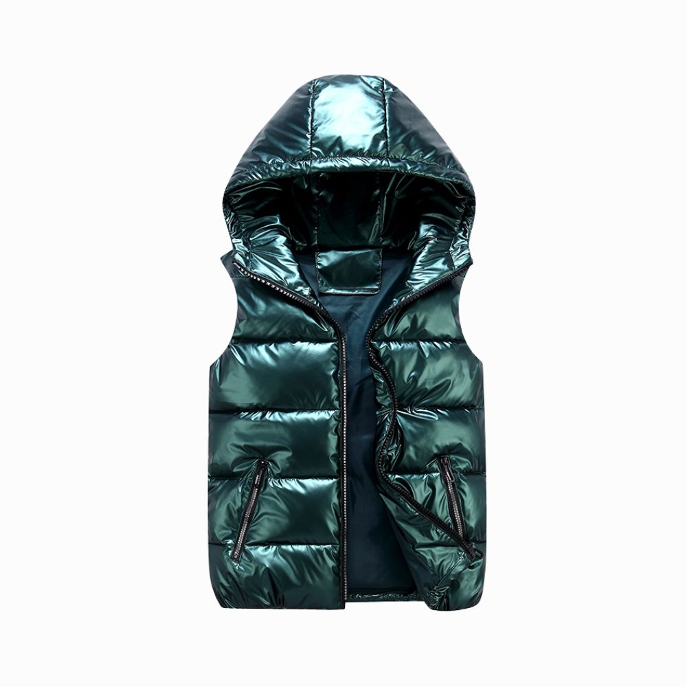Green puffer vest with a hood on a white background