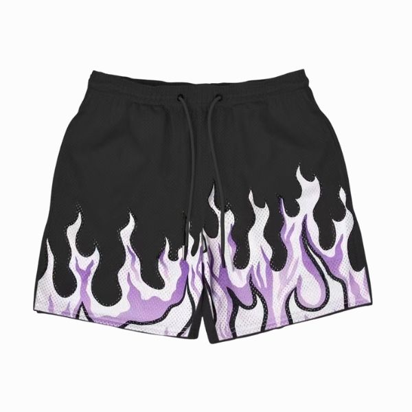 Black shorts with purple flame pattern on a white background