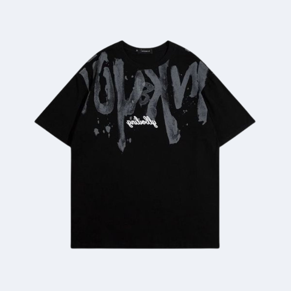 Black. A black short-sleeve t-shirt with a large distressed gray graffiti-style graphic across the chest and a small white script logo below it.