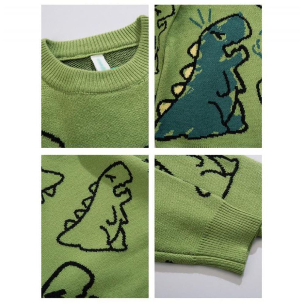 Green sweater with dinosaur designs on a white background
