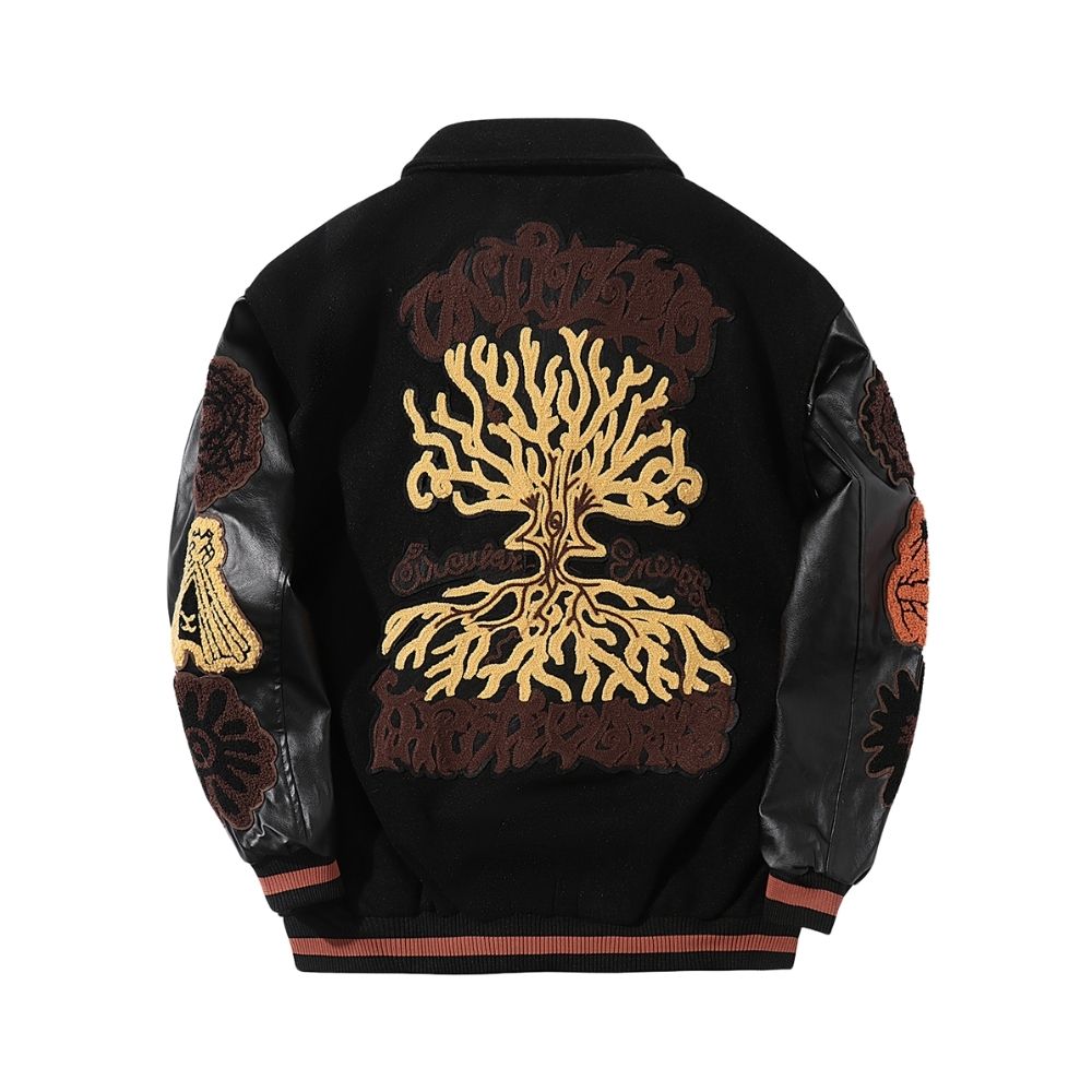 Black jacket with leather sleeves featuring a tree design on the back against a white background