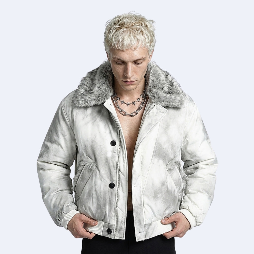 White. KRUX Blizzard white faux-fur bomber, open front on a male model with fur collar and chain necklace