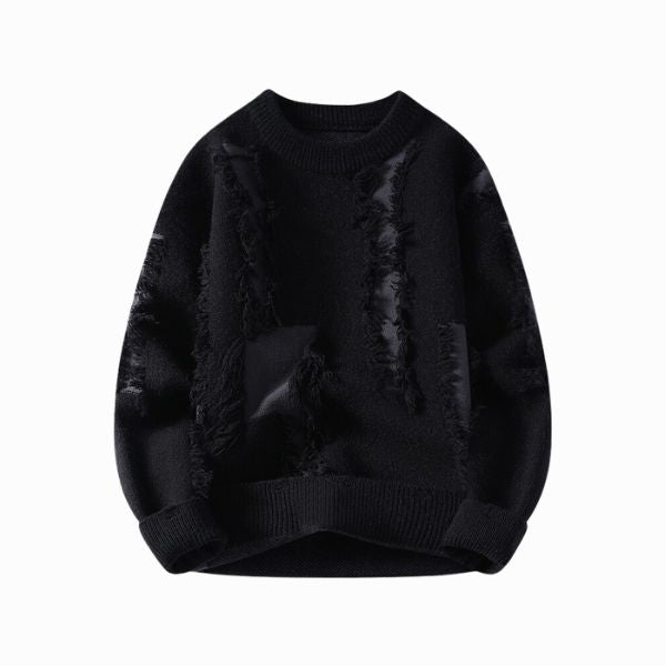 Black distressed sweater on a white background
