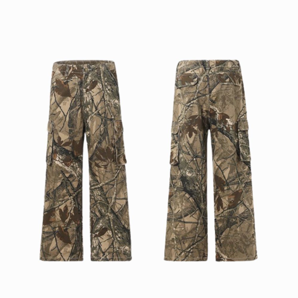 Pair of camouflage pants on a white background
