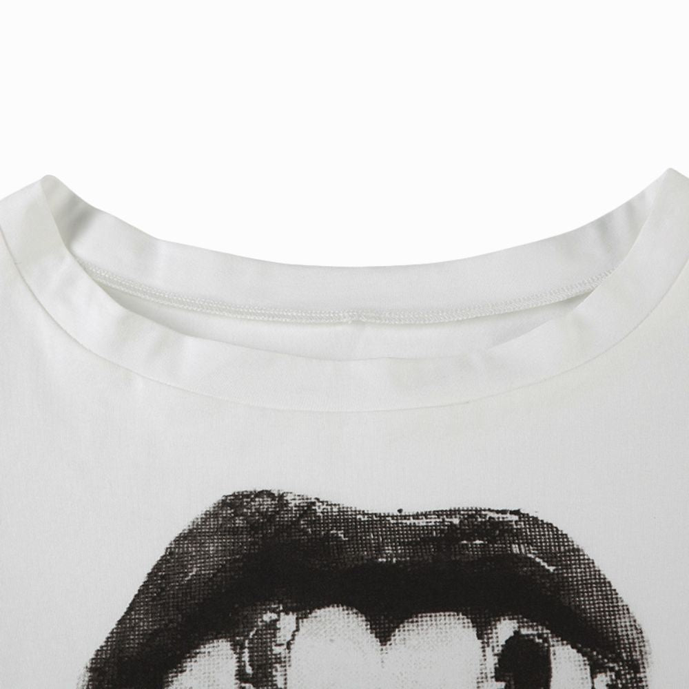 Close-up of a white t-shirt with a graphic design of a mouth on a white background