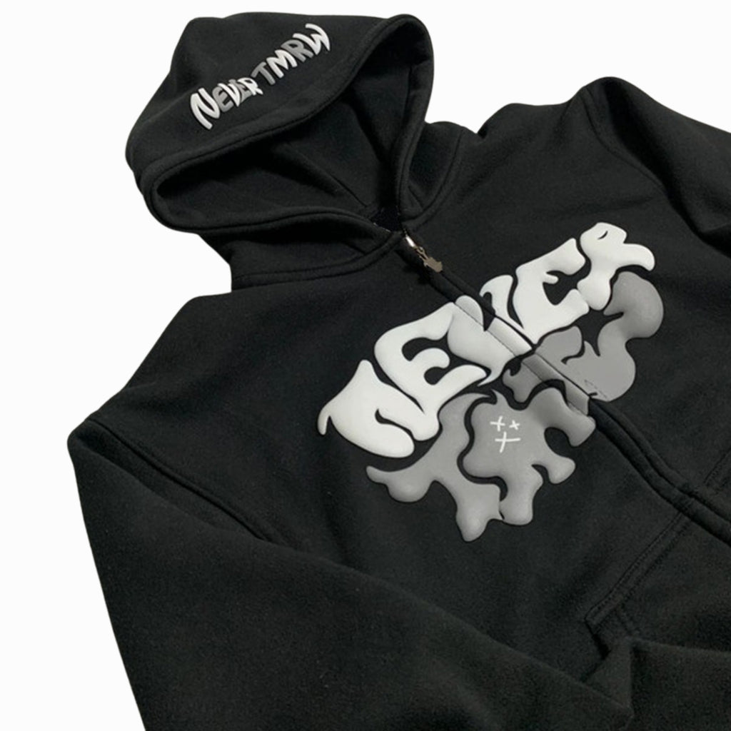 Black hoodie with white and gray text design on a white background