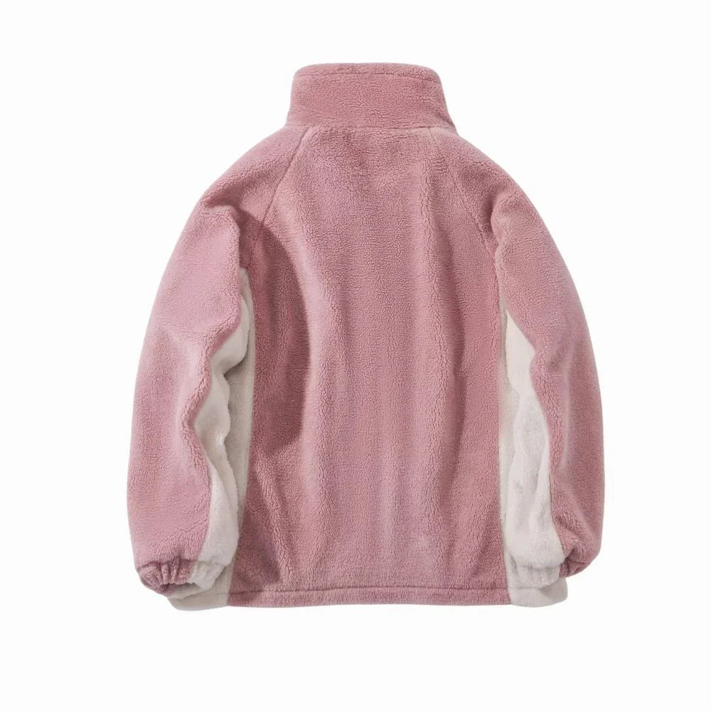 Pink fleece jacket with white lining on a white background