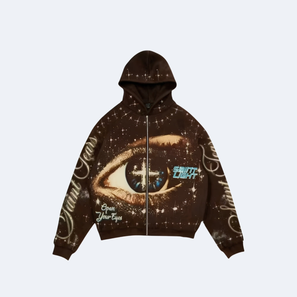 Black. A black hoodie with an eye design and text, shown against a white background.