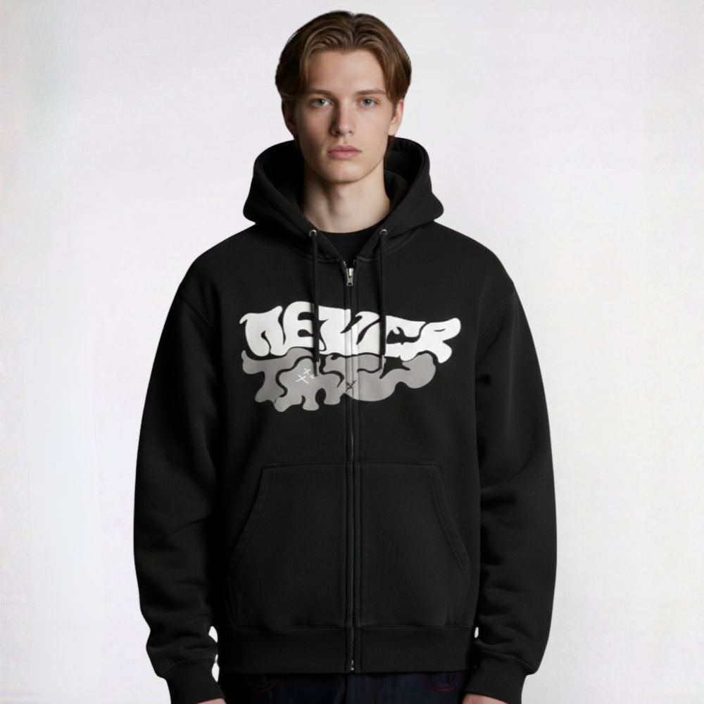 Person wearing a black hoodie with a logo on a white background