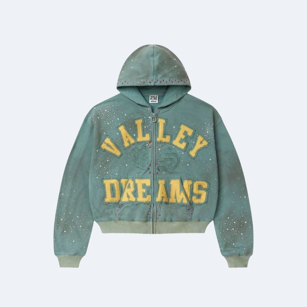 Cyan. A sage-green hoodie with text, shown against a white background.