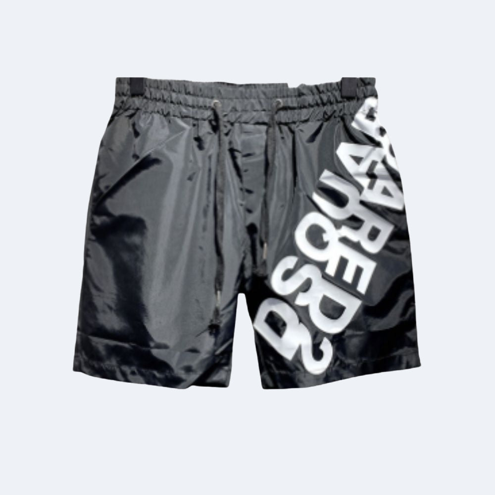 Black. Black shorts with white text, shown against a white background.