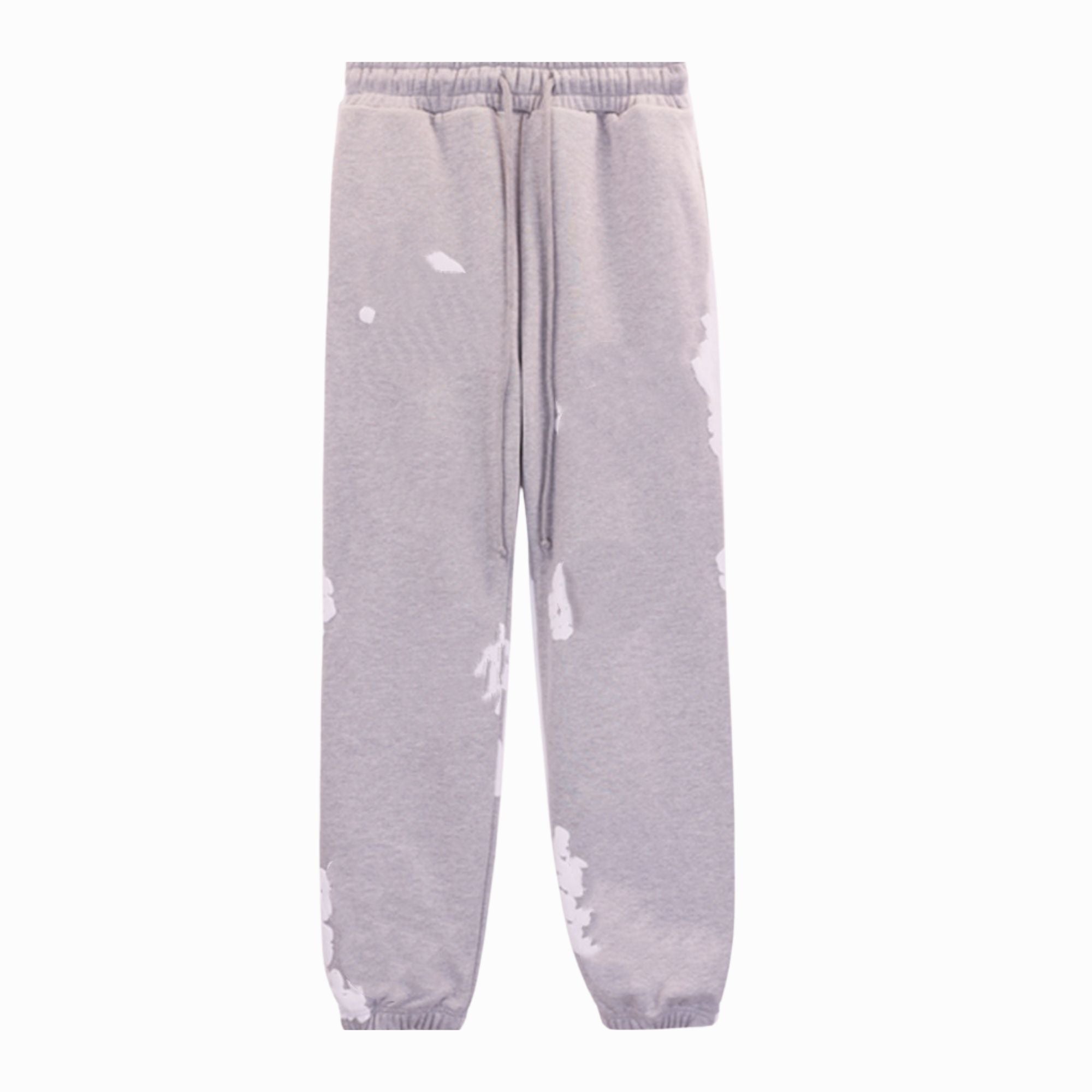 Gray sweatpants with white splatter patterns on a white background