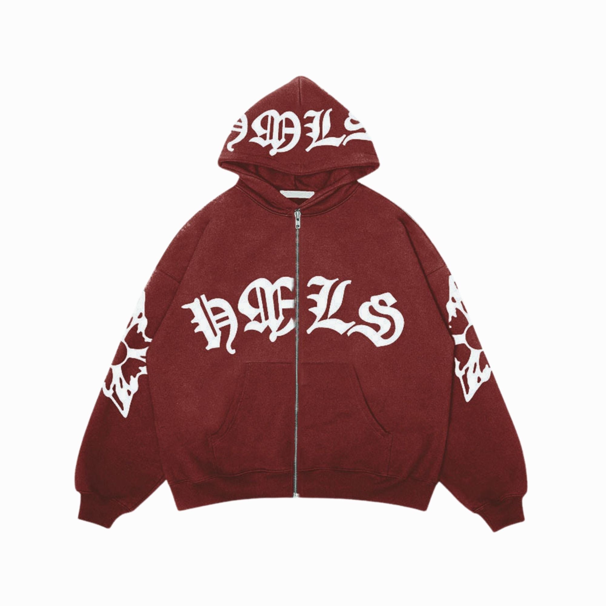 Maroon hoodie with white text and designs on a white background