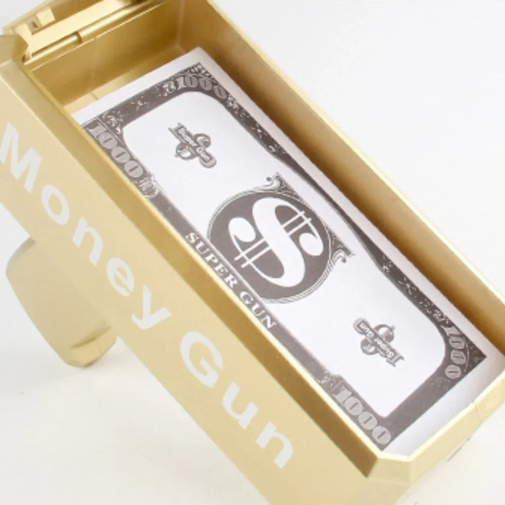 Gold toy gun with dollar bill design labeled 'Super Gun' on a white background