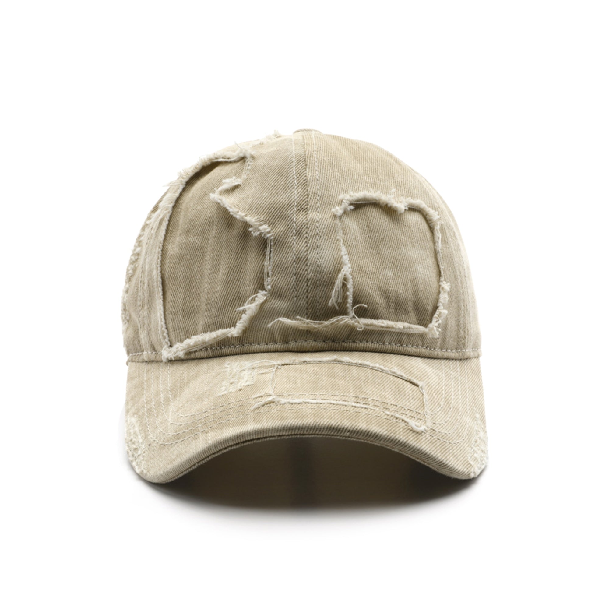 Beige distressed baseball cap on a white background
