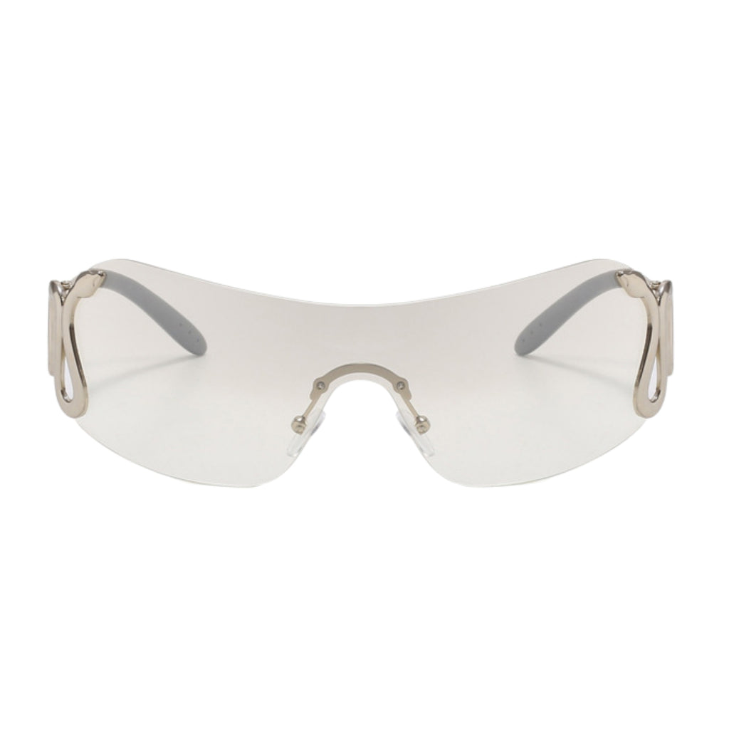 Clear safety goggles with metallic frames on a white background