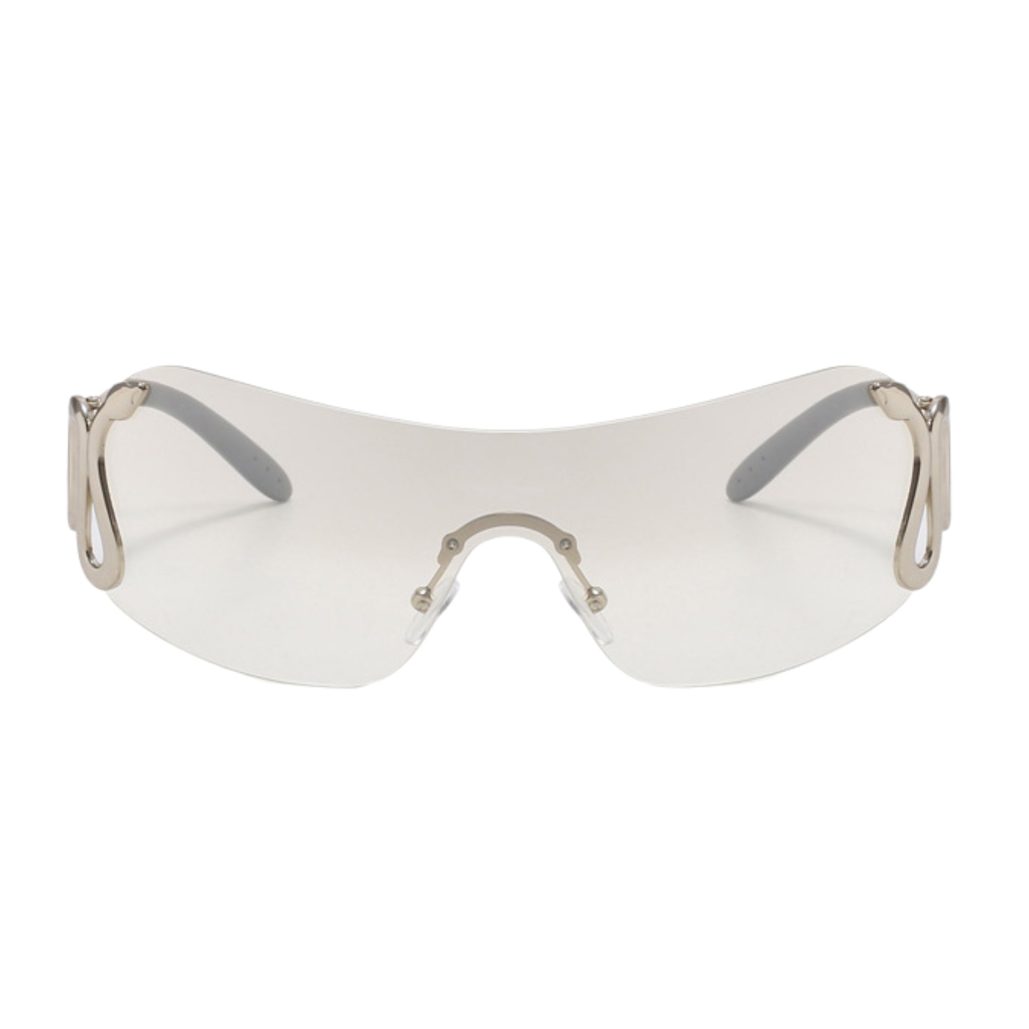 Clear safety goggles with metallic frames on a white background