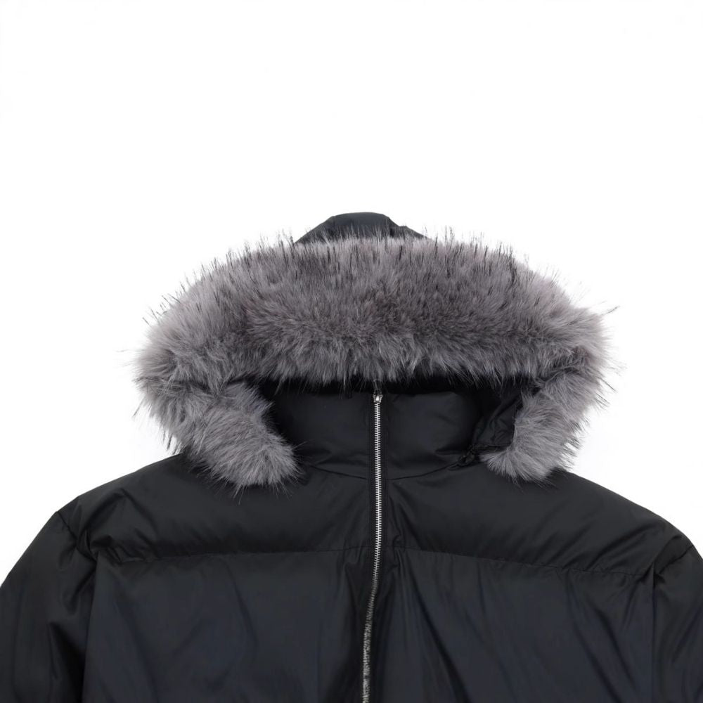 Black winter coat with gray fur hood on a white background