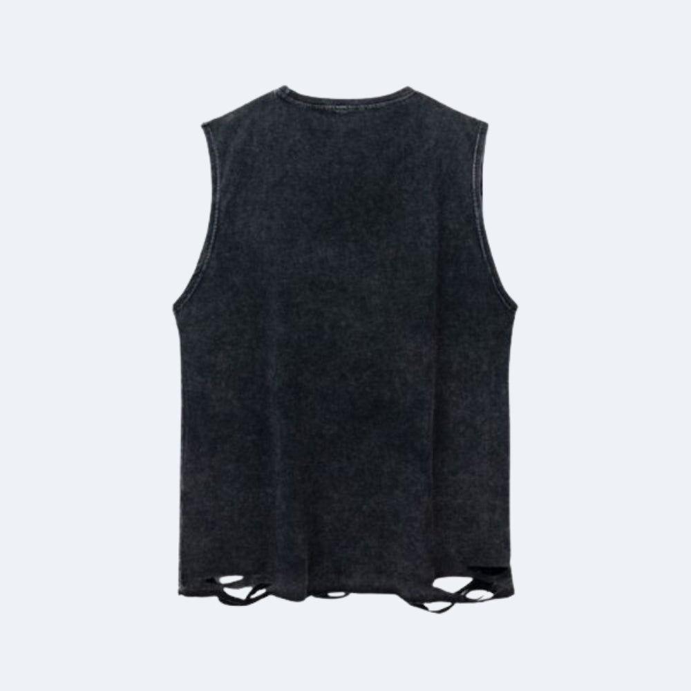 A sleeveless, dark charcoal gray cropped tank top with distressed, ripped details along the hem, shown from the back on a light gray background.