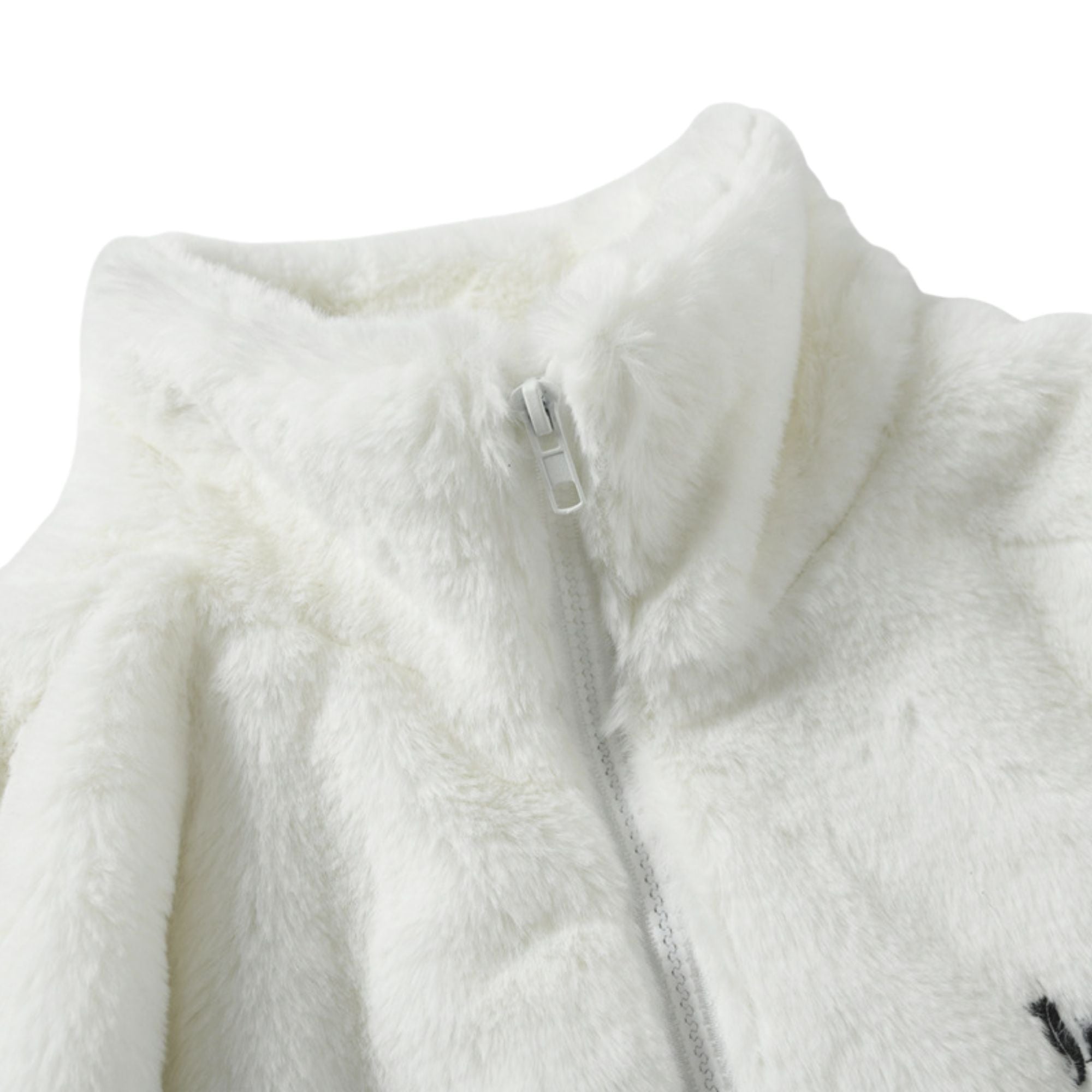 Close-up of a white fleece jacket with a zipper on a white background
