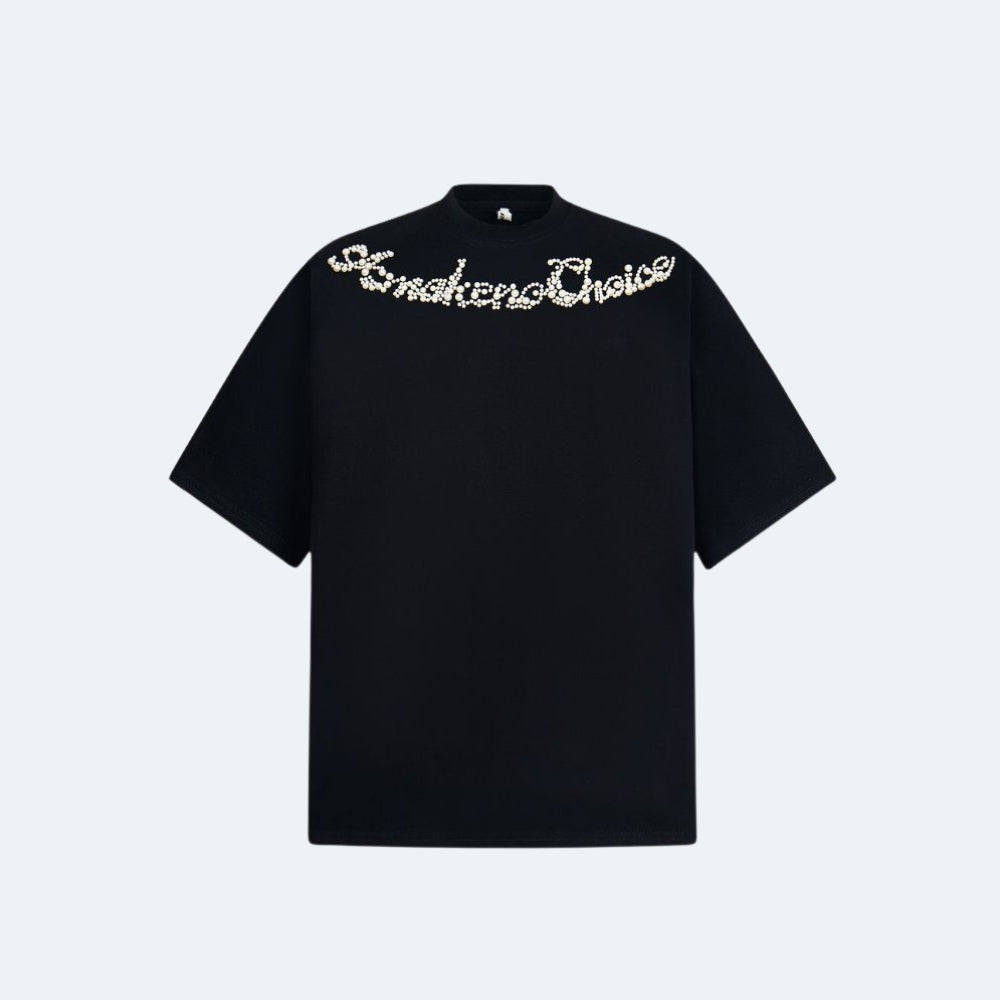 Black. A black short-sleeve mock-neck t-shirt featuring the phrase Smoking Choice in a stylized, metallic script across the chest.