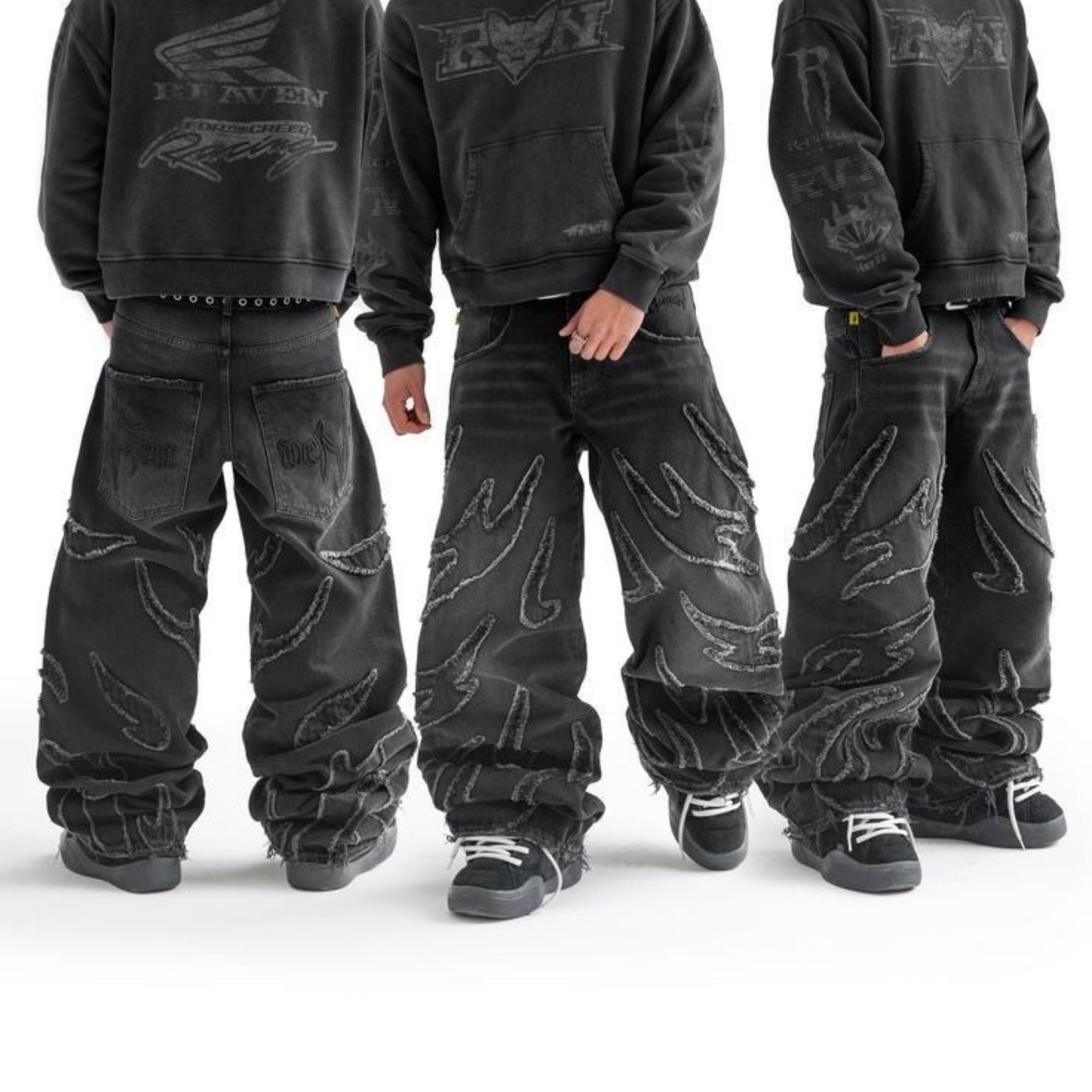 Three people wearing black pants with brand logos on a white background