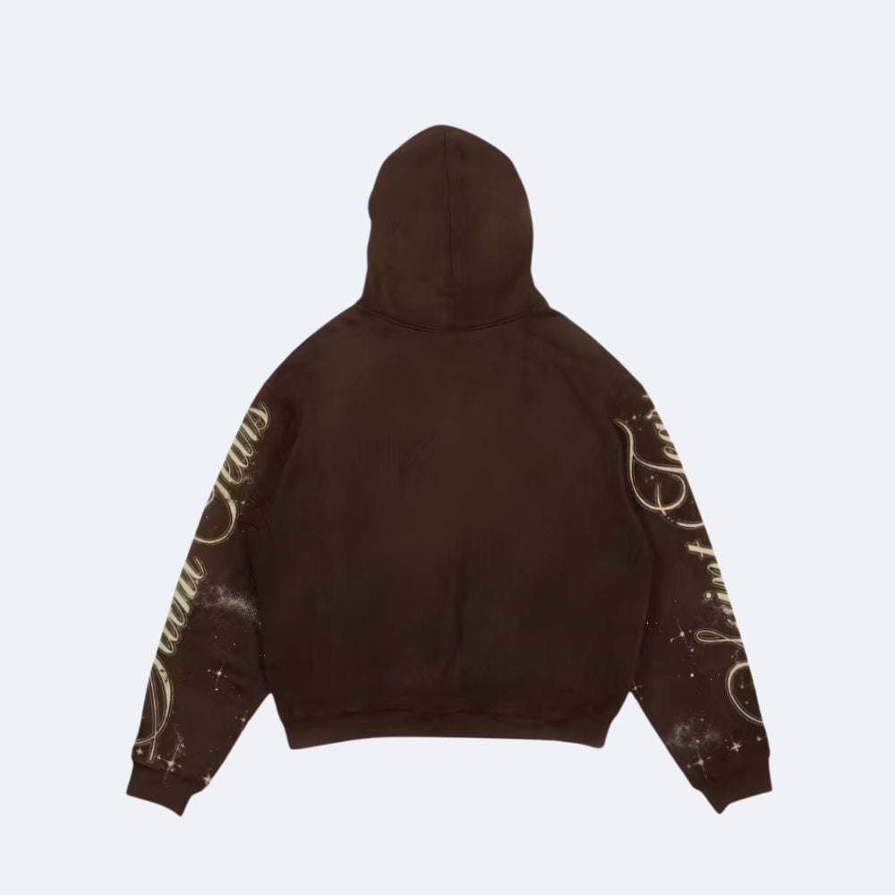 Brown. A dark brown cropped hoodie shown from the back, featuring gold cursive script and distressed star details on both sleeves.