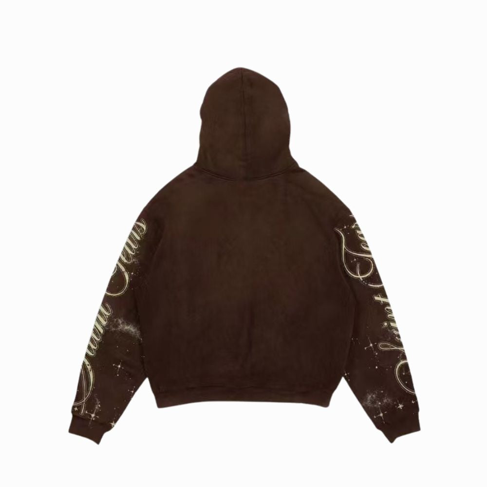 Brown hoodie with white text and designs on sleeves against a white background