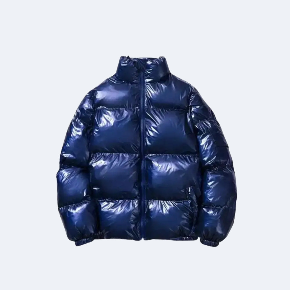 Navy. A shiny navy blue puffer jacket with horizontal quilting, a stand-up collar, and a front zipper.
