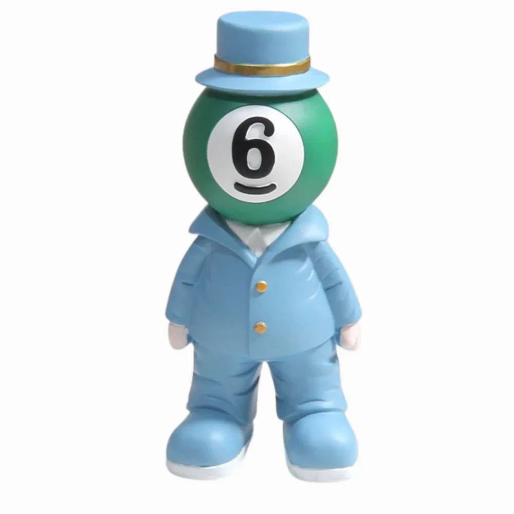 Toy figure of a billiard ball with number 6 wearing a blue suit and hat on a white background
