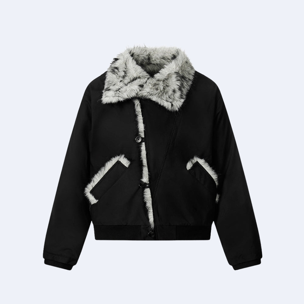 Black. KRUX Blizzard black fur bomber jacket, flat lay front view with white fur collar and fur-trimmed pockets