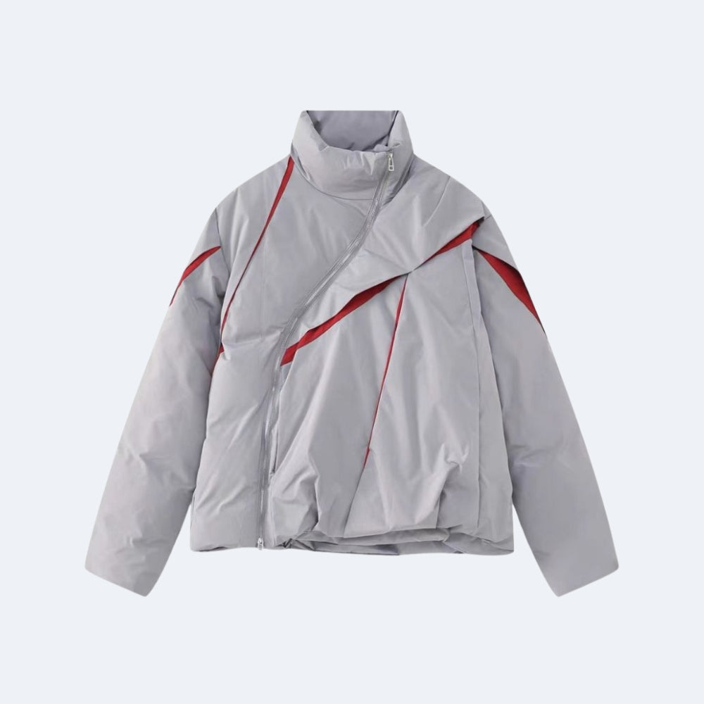 Clear. The KRUX Asymmetry puffer jacket in the Clear colorway, shown flat.