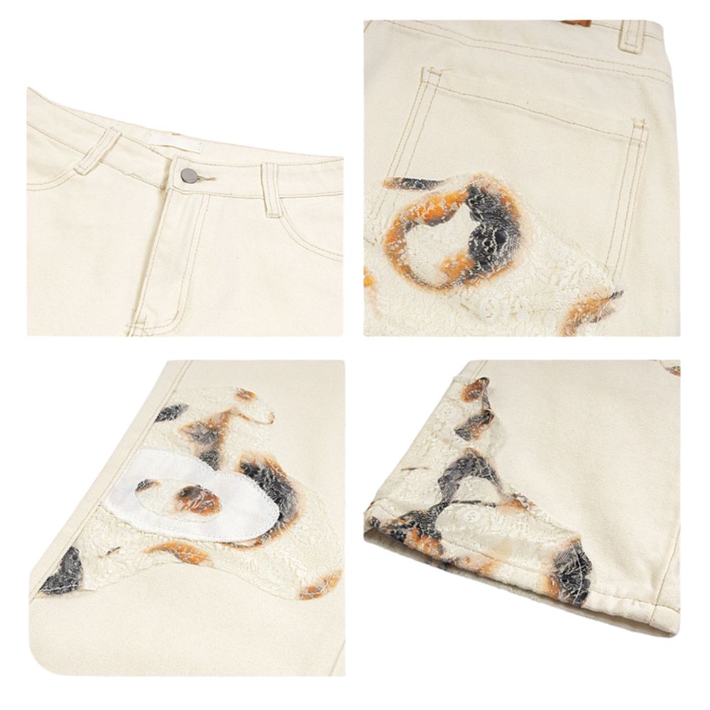 Collage of cream-colored pants with a patterned lining showing close-up details.