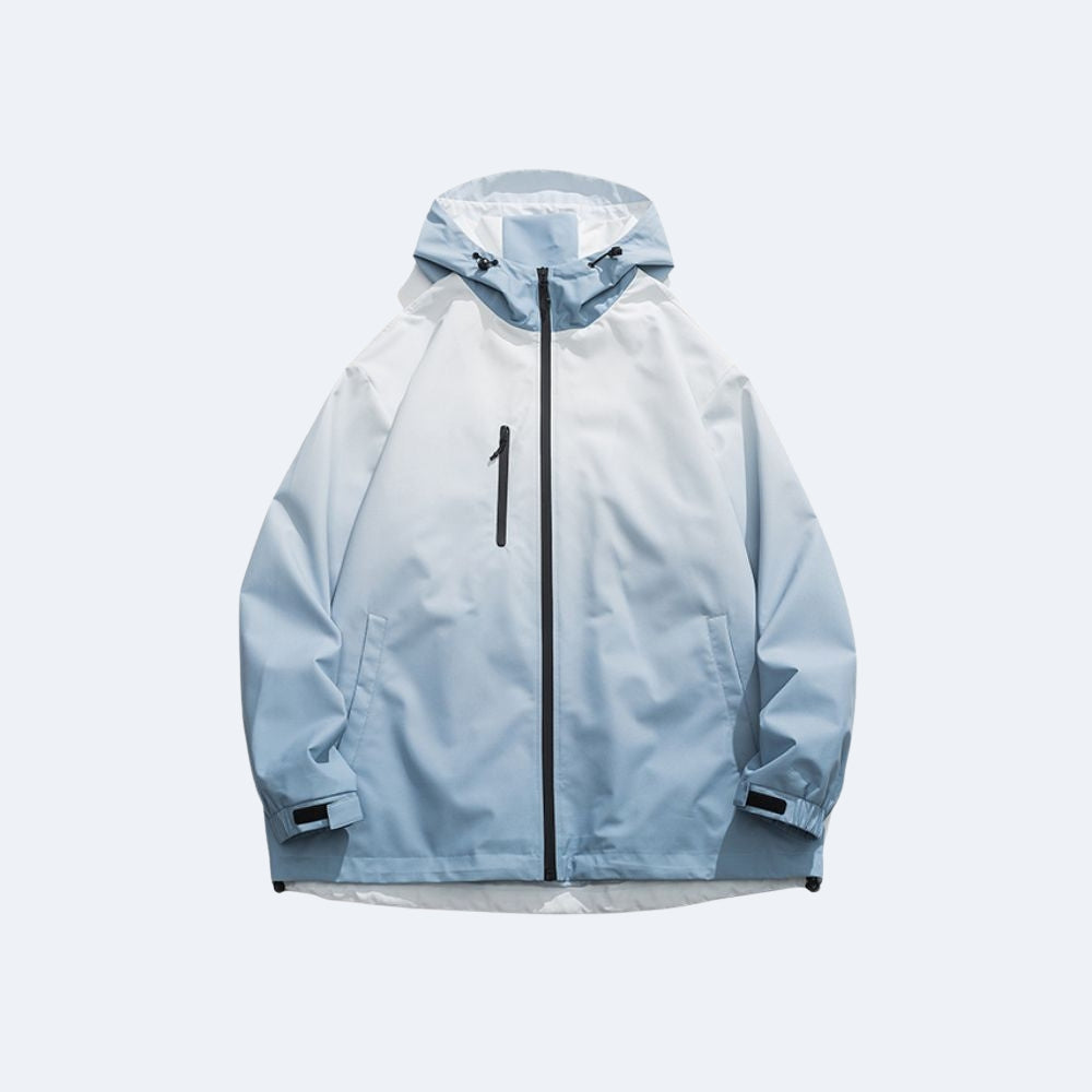 Blue. A light blue hooded jacket with a white lower body, featuring a black front zipper and a vertical black chest zipper pocket.