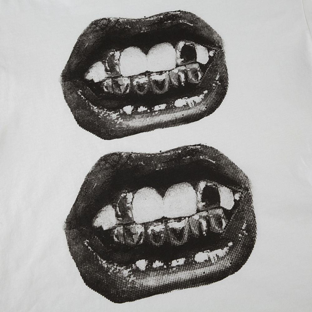 Black and white graphic of lips with teeth on a light gray background