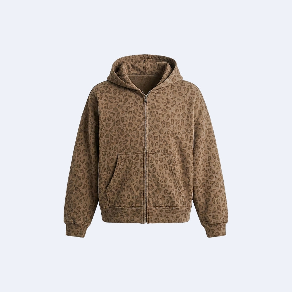 Brown. KRUX Feral brown leopard-print zip hoodie, flat lay front view with hood up