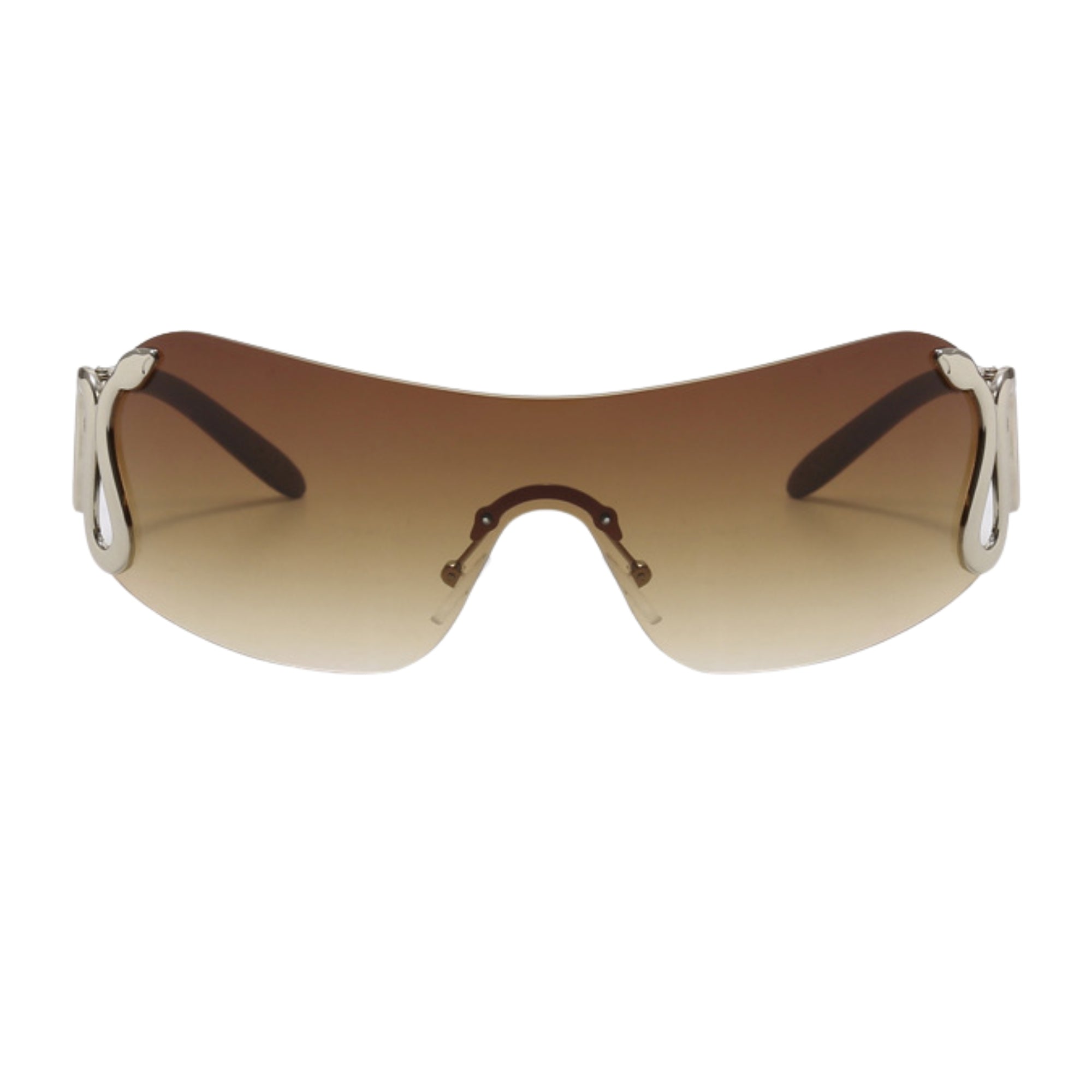 Sunglasses with a brown gradient lens and metallic frame on a white background
