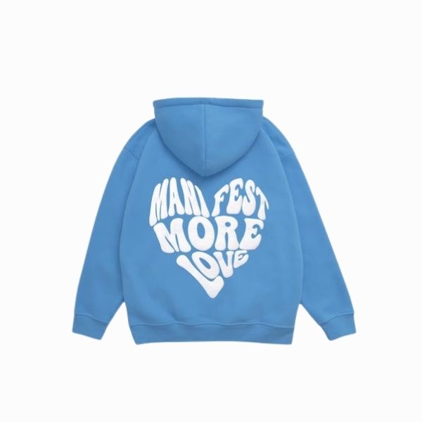 Blue hoodie with white text on the back against a white background