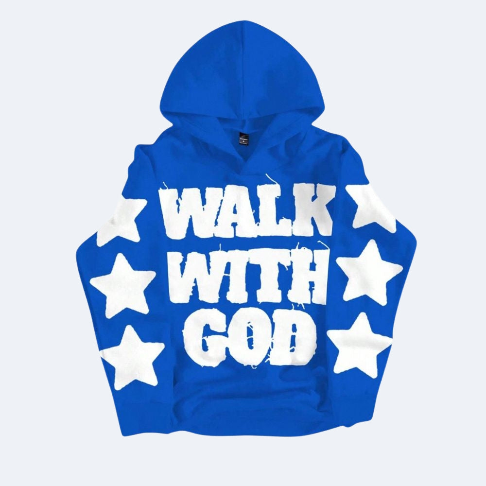 Royal Blue. A royal blue pullover hoodie with WALK WITH GOD printed in distressed white block letters across the chest, surrounded by white stars on the sleeves.