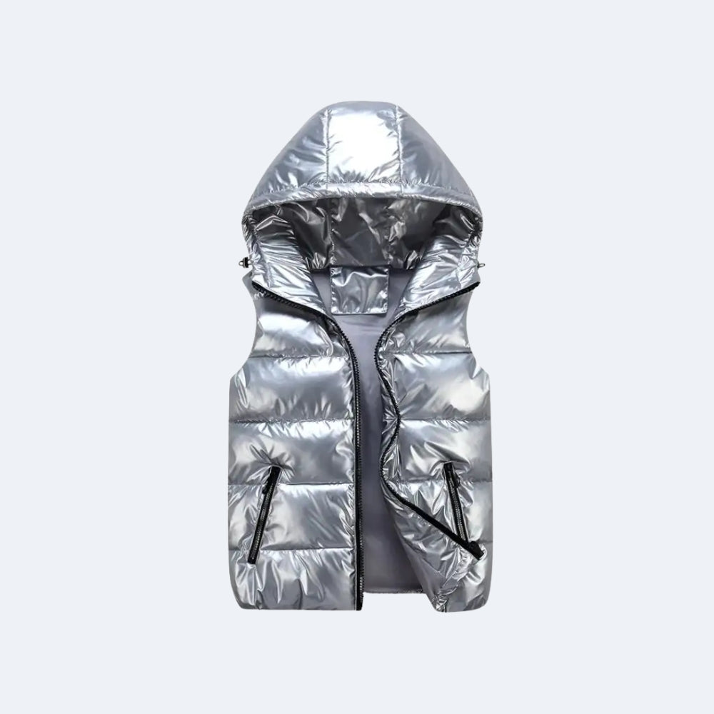 Silver. A shiny silver puffer vest with a hood, shown flat.