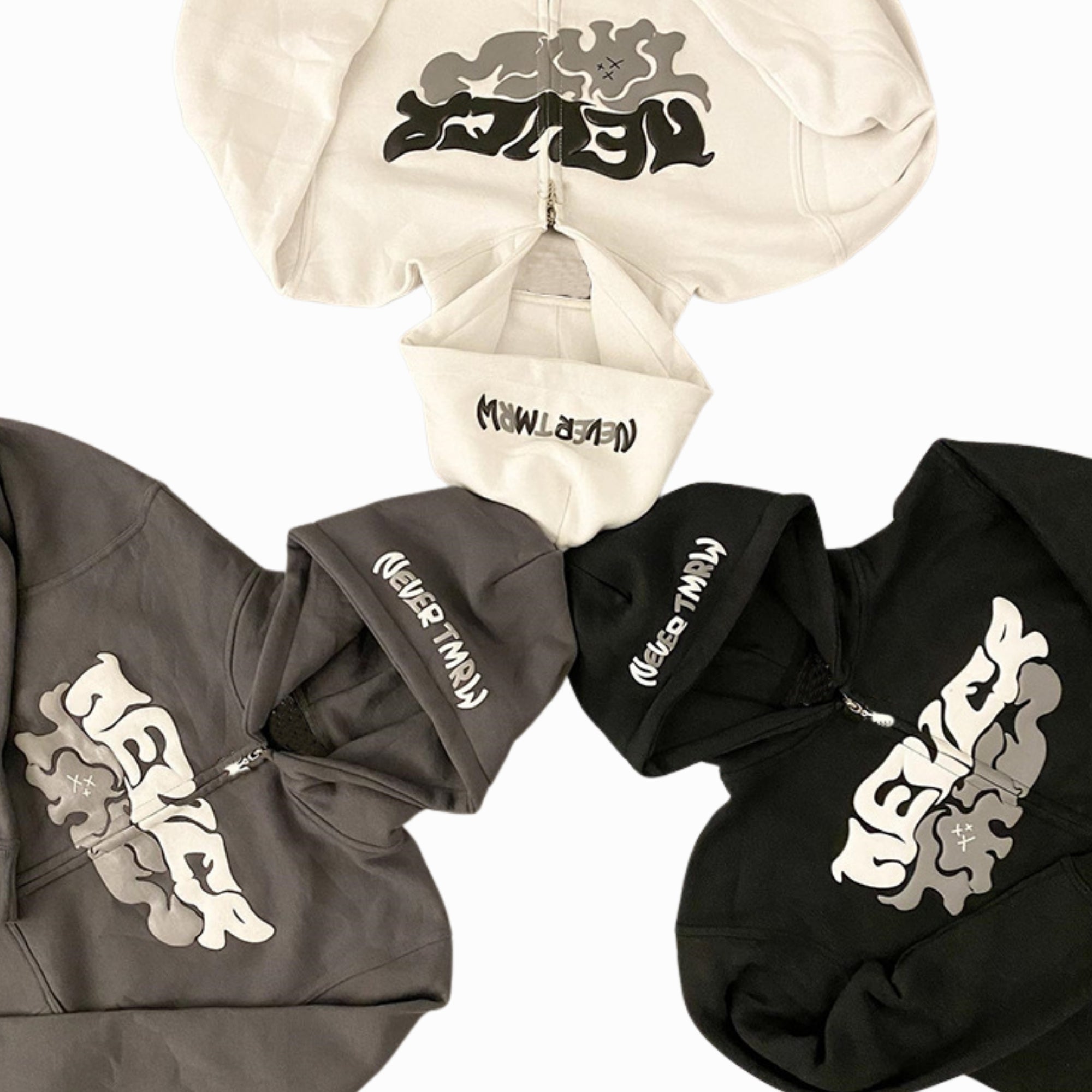 Three hoodies in beige, gray, and black with a brand logo on a white background
