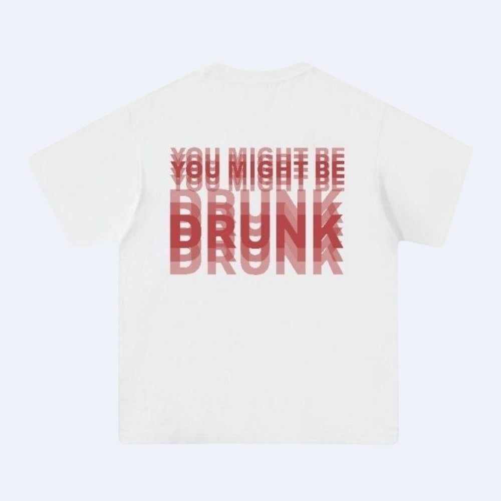 White. KRUX You Might Be Drunk white t-shirt, flat lay back view with the red layered DRUNK graphic
