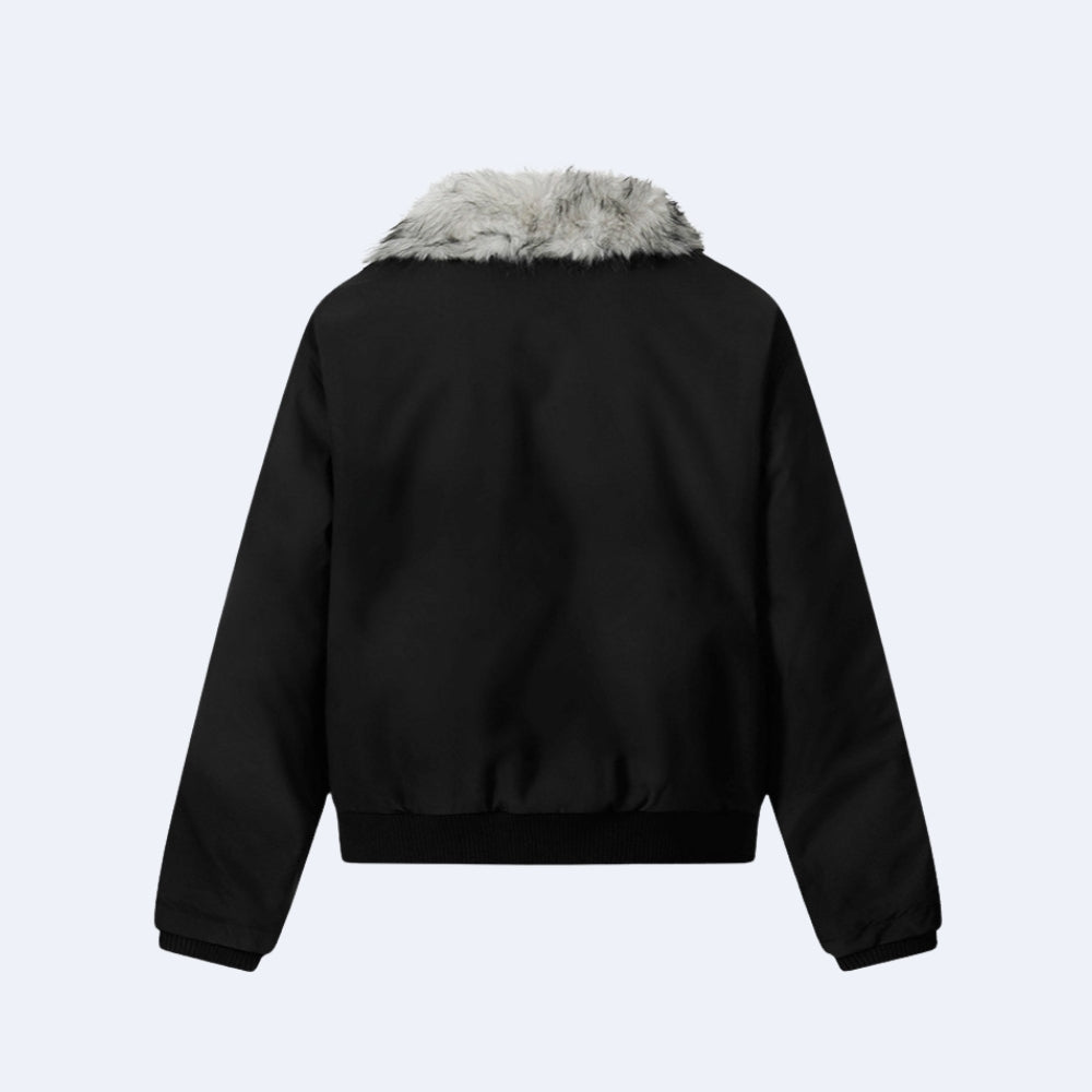 Black. KRUX Blizzard black fur bomber jacket, flat lay back view with fur collar