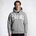 Person wearing a gray hoodie with a white logo on a white background